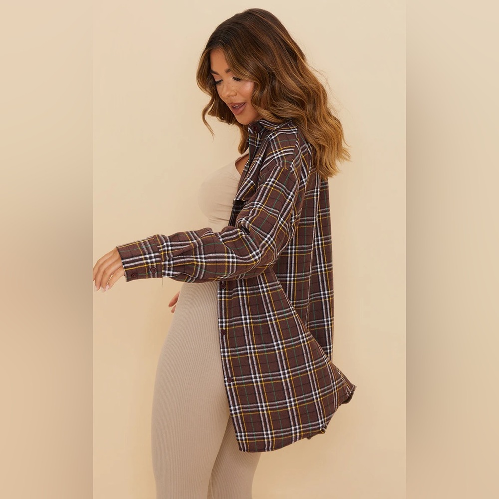 PrettyLittleThing Brown Checked Pocket Oversized Long Sleeve Plaid Shirt Size 4 - Picture 2 of 7
